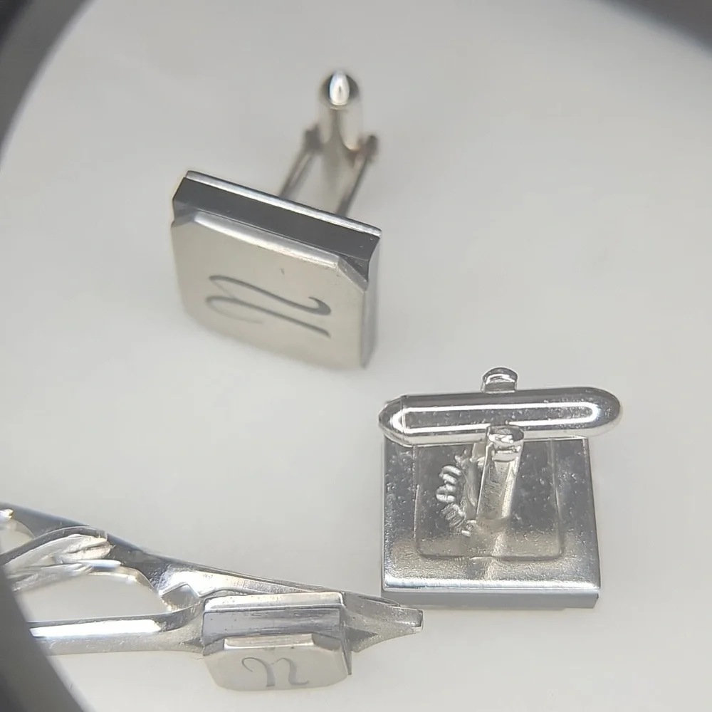 60's Vintage Embassy Initial Swank Silvertone Monogram Cufflinks & Tie Clip Set